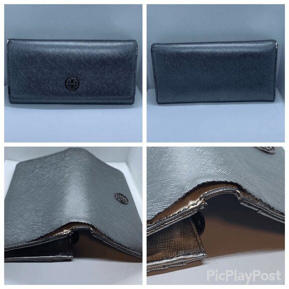 **TORN/FLAWS** Authentic Dark Silver Metallic Tory Burch Long Wallet - Picture 2 of 13